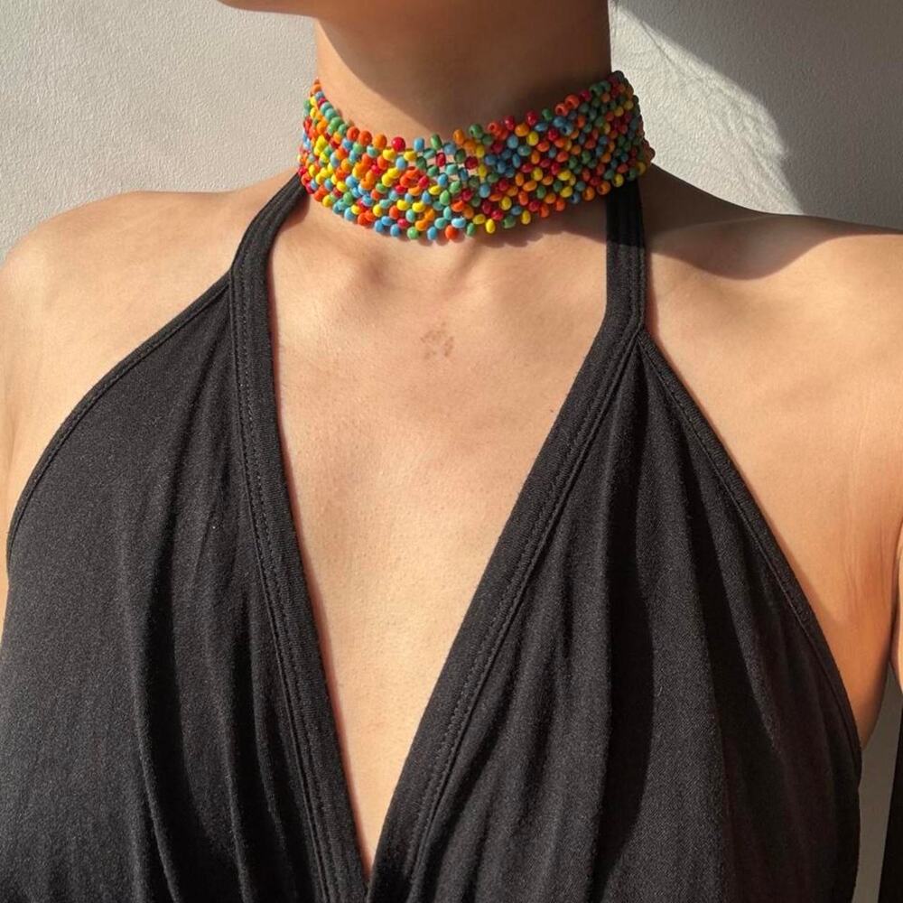Vintage multi colored beaded choker necklace